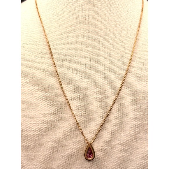 Vintage Avon Pink Crystal Teardrop Gold Tone Slider Pendant Necklace 16" Dainty - Picture 2 of 5